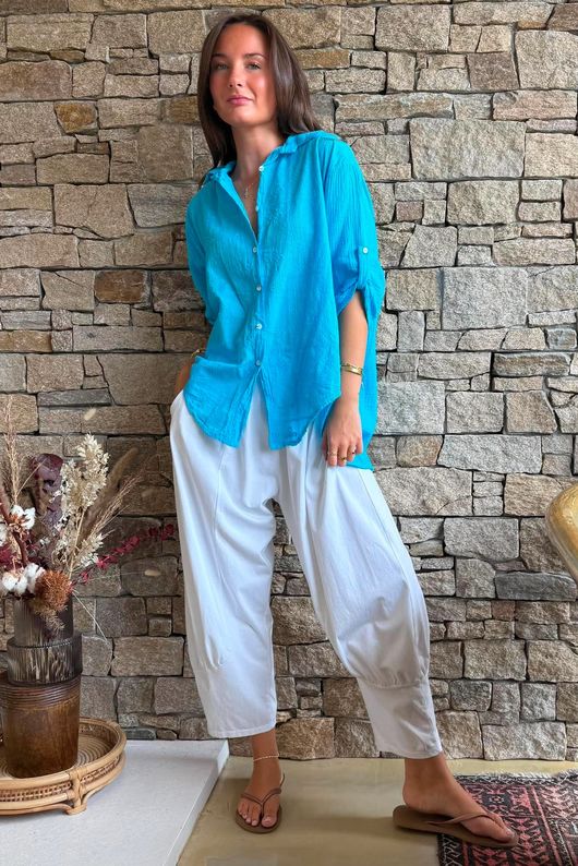Pia Pillow Cotton Embroidered Tile Classic Shirt Azure